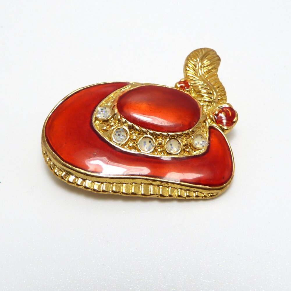 Vtg Gold Tone Enamel Red Feather Hat Brooch Pin